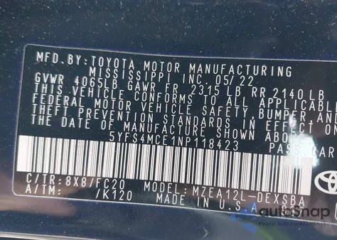 2022 Toyota Corolla Se из США, поврежденный, VIN 5YFS4MCE1NP118423